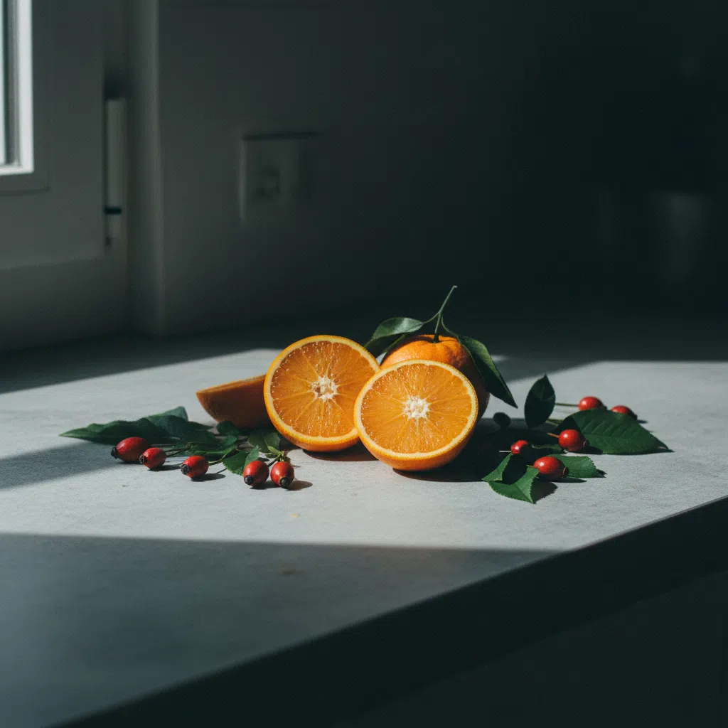Verse sinaasappels, rozenbottels en groene bladeren op een lichte stenen ondergrond