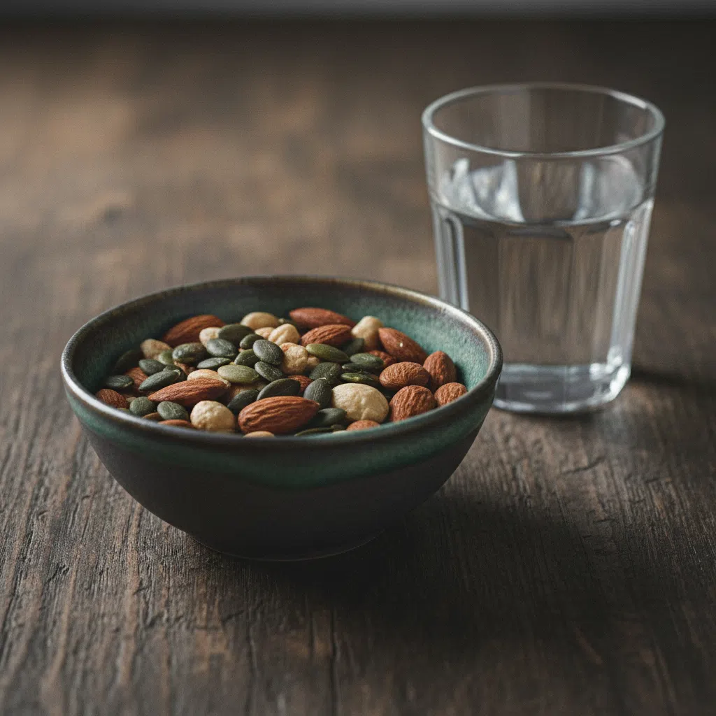 Kleine kom met noten en zaden naast een glas water op een houten tafel